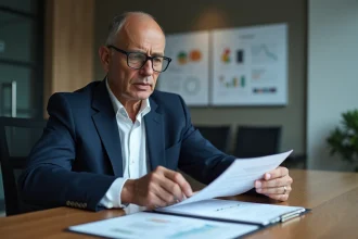 Professionnel en costume analysant des documents dans un bureau moderne