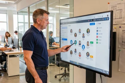 Professionnel du BTP consultant une plateforme numérique de mise en réseau entre industriels et entreprises du bâtiment sur un écran tactile en open space