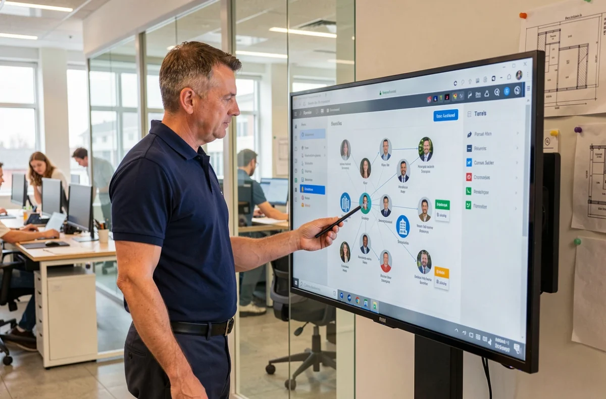 Professionnel du BTP consultant une plateforme numérique de mise en réseau entre industriels et entreprises du bâtiment sur un écran tactile en open space