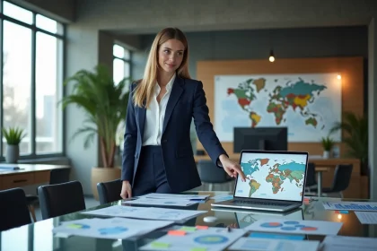 Professionnelle en blazer marine analysant une carte des régions EMEA dans un bureau moderne à Paris