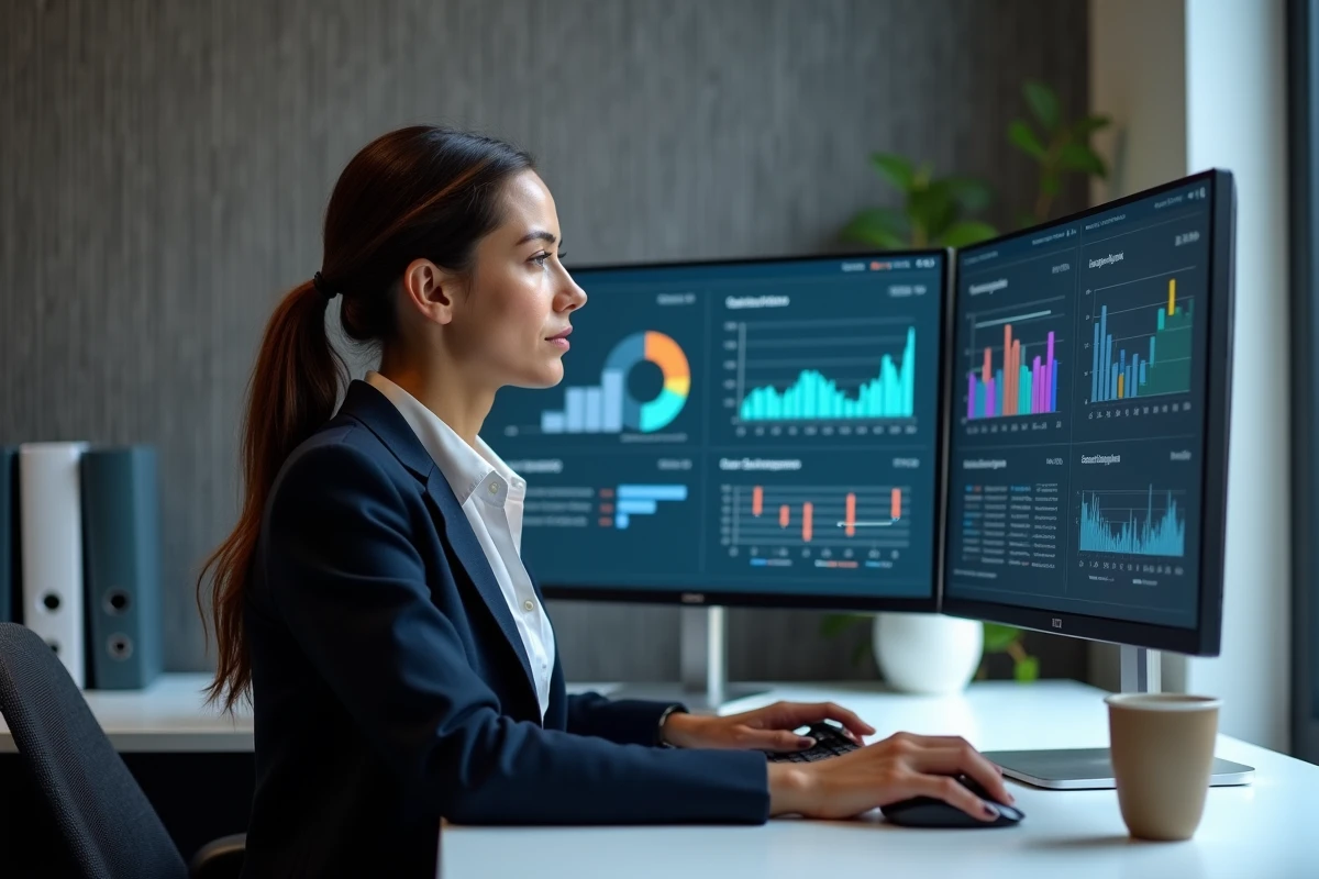 Professionnelle B2B analysant des tableaux de bord CRM et données de ventes sur double écran dans un bureau moderne