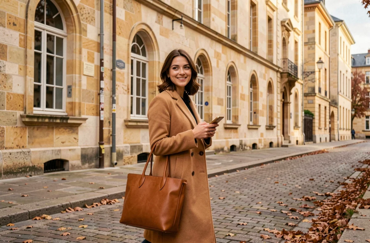 Professionnelle indépendante marchant dans les rues historiques de Poitiers en lien avec le portage salarial