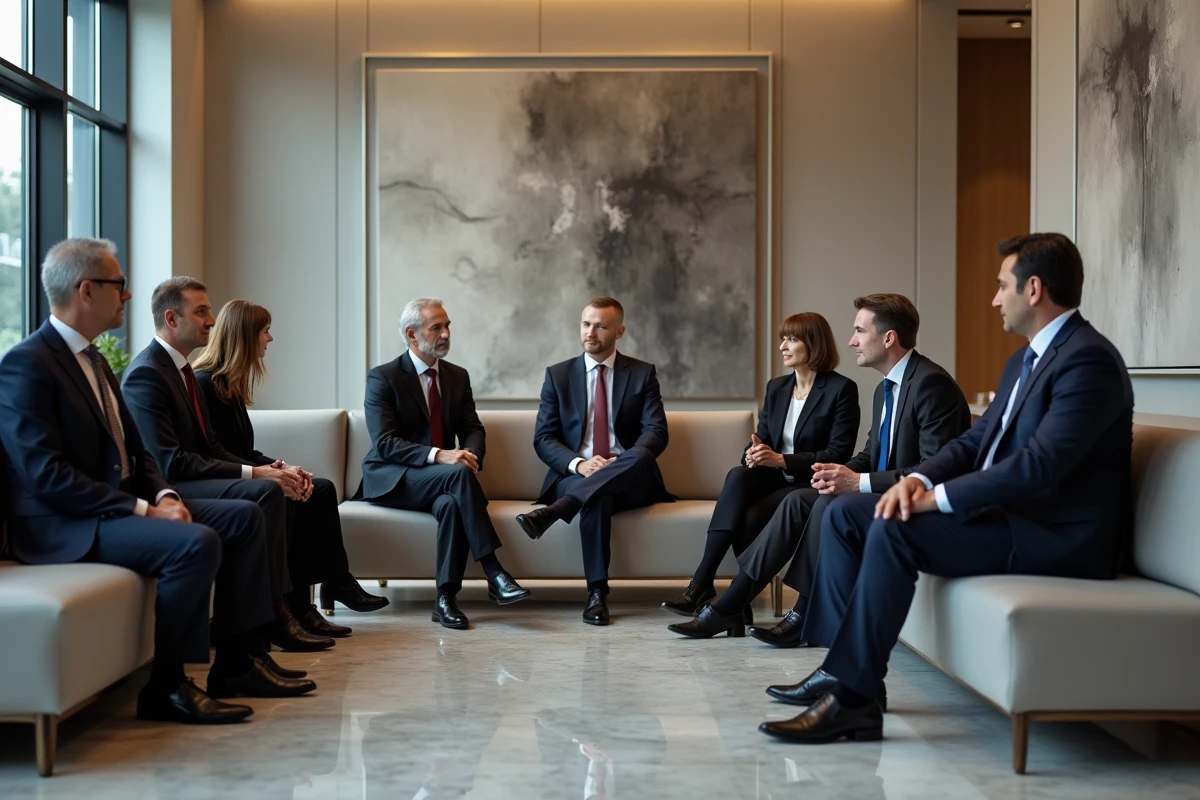 Groupe de professionnels en discussion dans un espace &eacute;l&eacute;gant