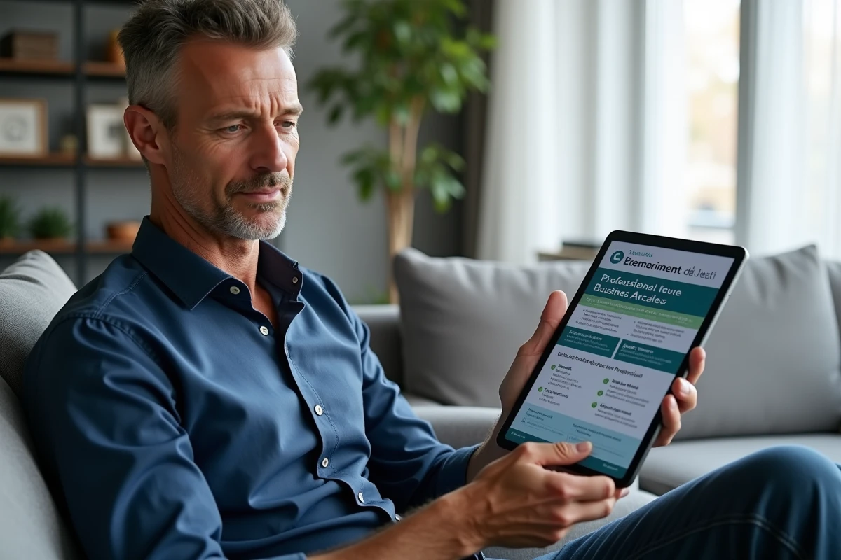 Homme consultant le programme d'un événement d'entreprise sur tablette depuis son salon
