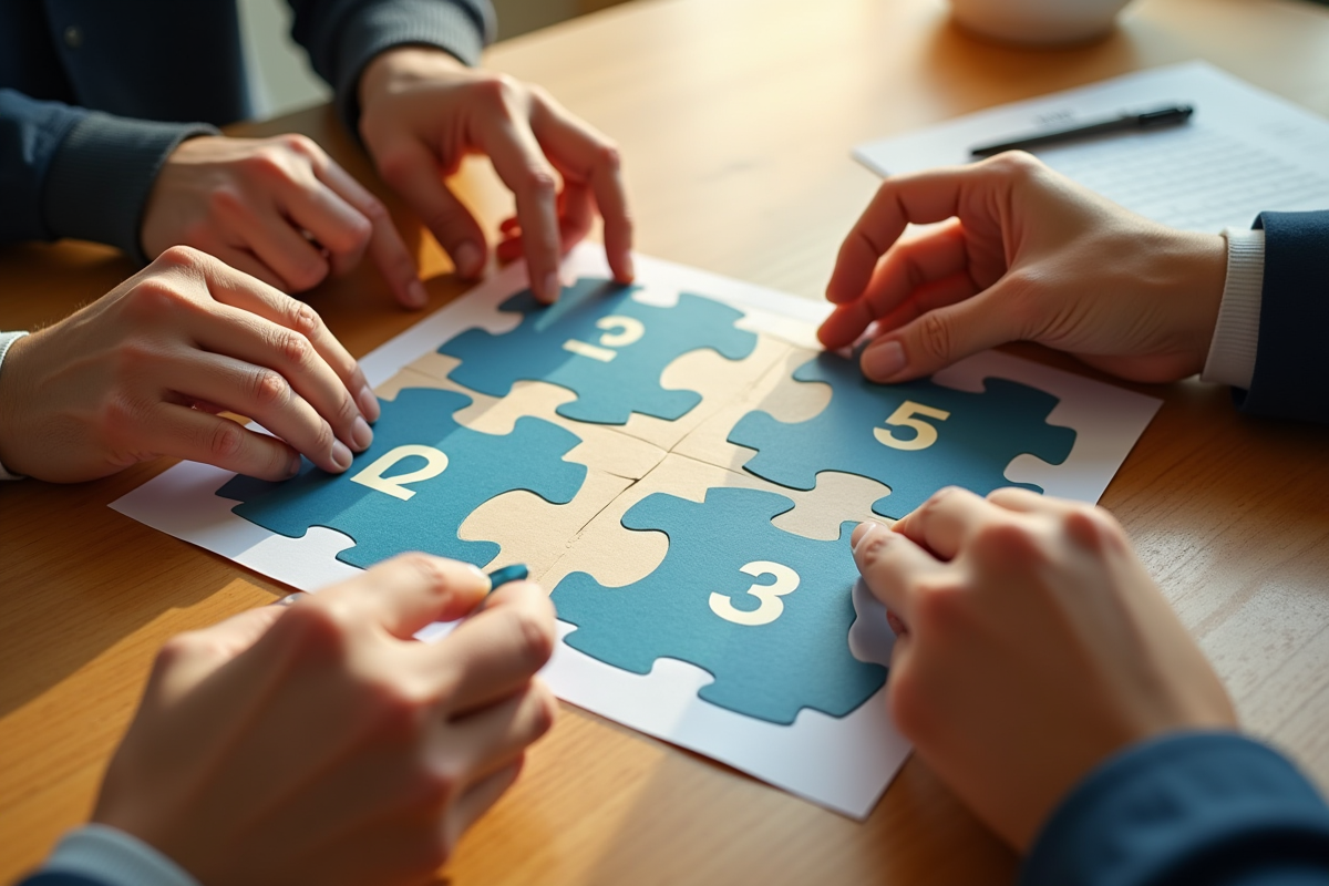 Main assemblant puzzle des quartiers de 2025 sur table