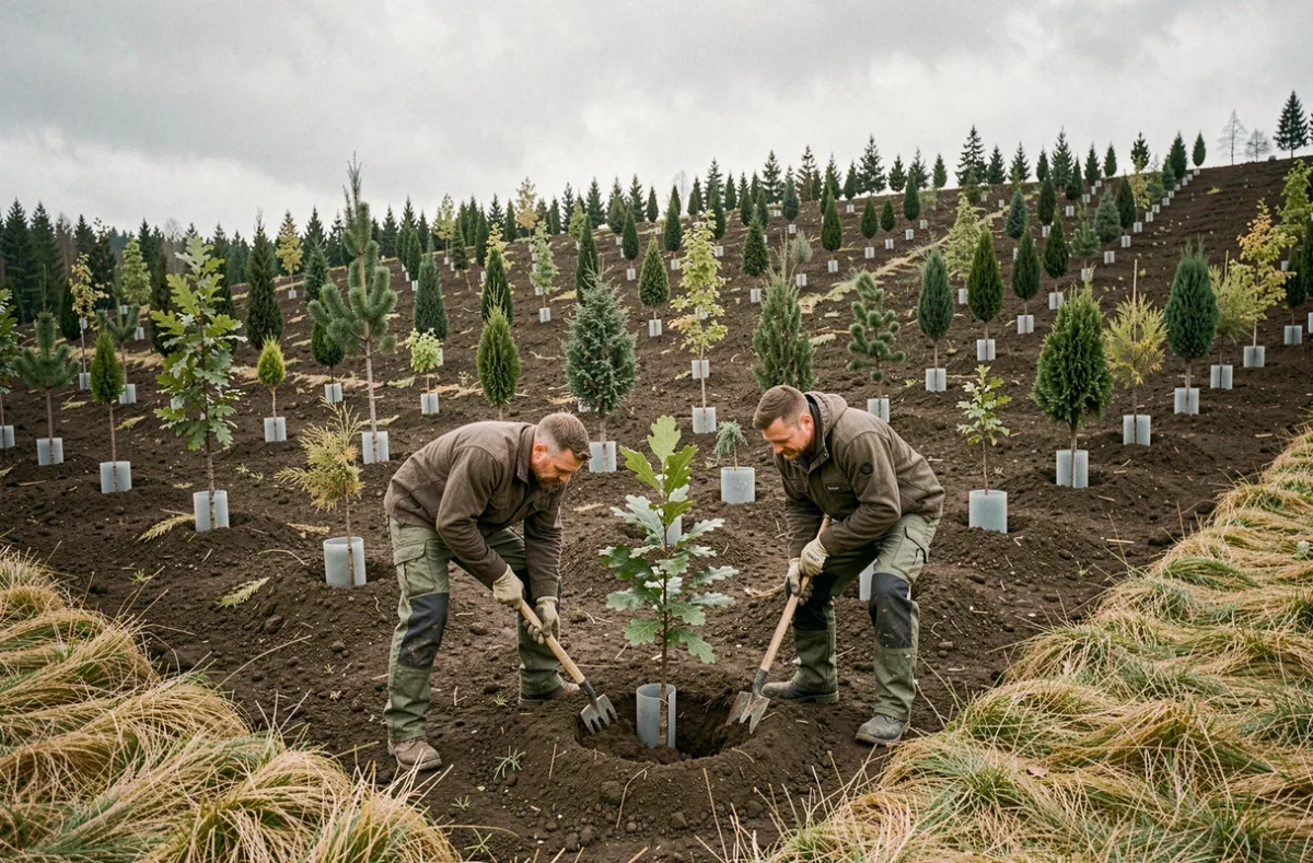 Reboisement d'une parcelle forestière par des équipes de Techniforet avec des plants mixtes chênes et cèdres pour s'adapter au changement climatique