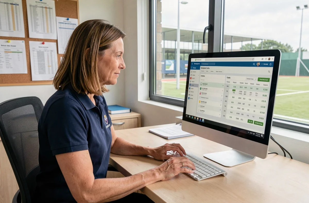 Responsable de club sportif utilisant l'extranet FBI V2 sur un ordinateur de bureau en bureau administratif