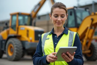 Responsable de parc Loxam consultant sa carte de crédit et une tablette dans un chantier de location d'équipements