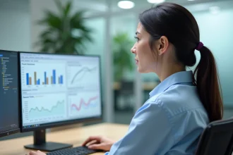 Responsable RH analysant des données de paie et de gestion des temps sur un double écran dans un bureau moderne
