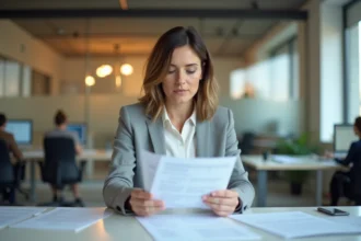 Responsable RH examinant des fiches de paie imprimées sur un bureau de bureau moderne