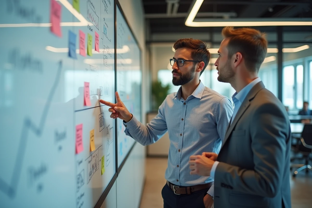 Deux collègues en réunion debout devant un tableau blanc avec des métriques marketing et sales pour aligner leur stratégie B2B