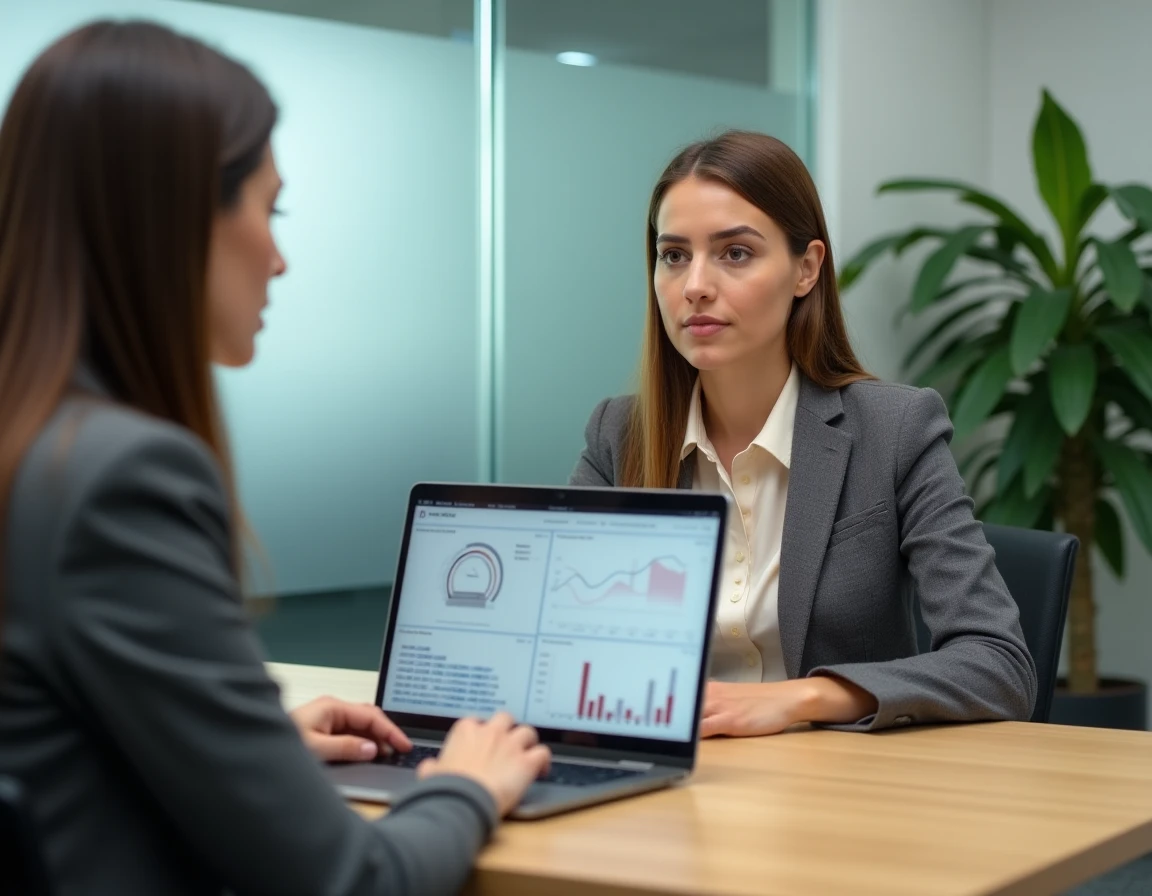 Femme apporteuse d'affaires en réunion avec un conseiller financier analysant un tableau de calcul de rémunération sur ordinateur