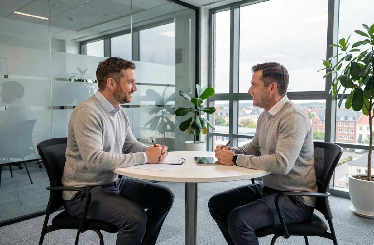 Freelance en réunion avec un conseiller en portage salarial dans un bureau moderne en Bretagne