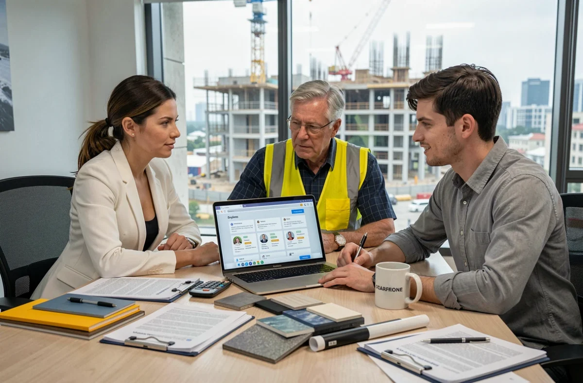 Équipe pluridisciplinaire de professionnels du bâtiment collaborant autour d'une plateforme de mise en relation industriels et entreprises BTP lors d'une réunion
