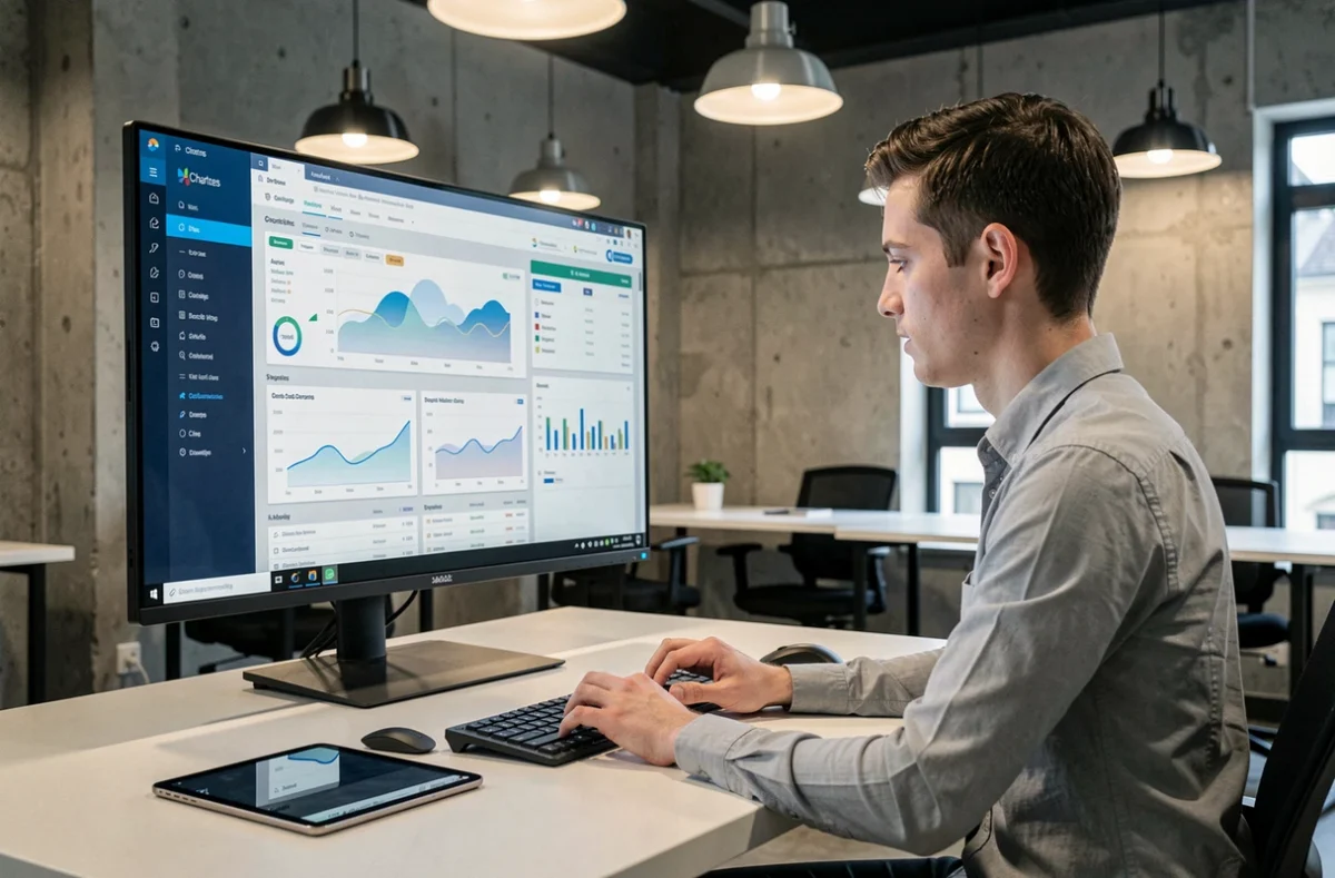 Consultant de Rydge Conseil travaillant sur une plateforme comptable digitale dans un bureau moderne à Chartres