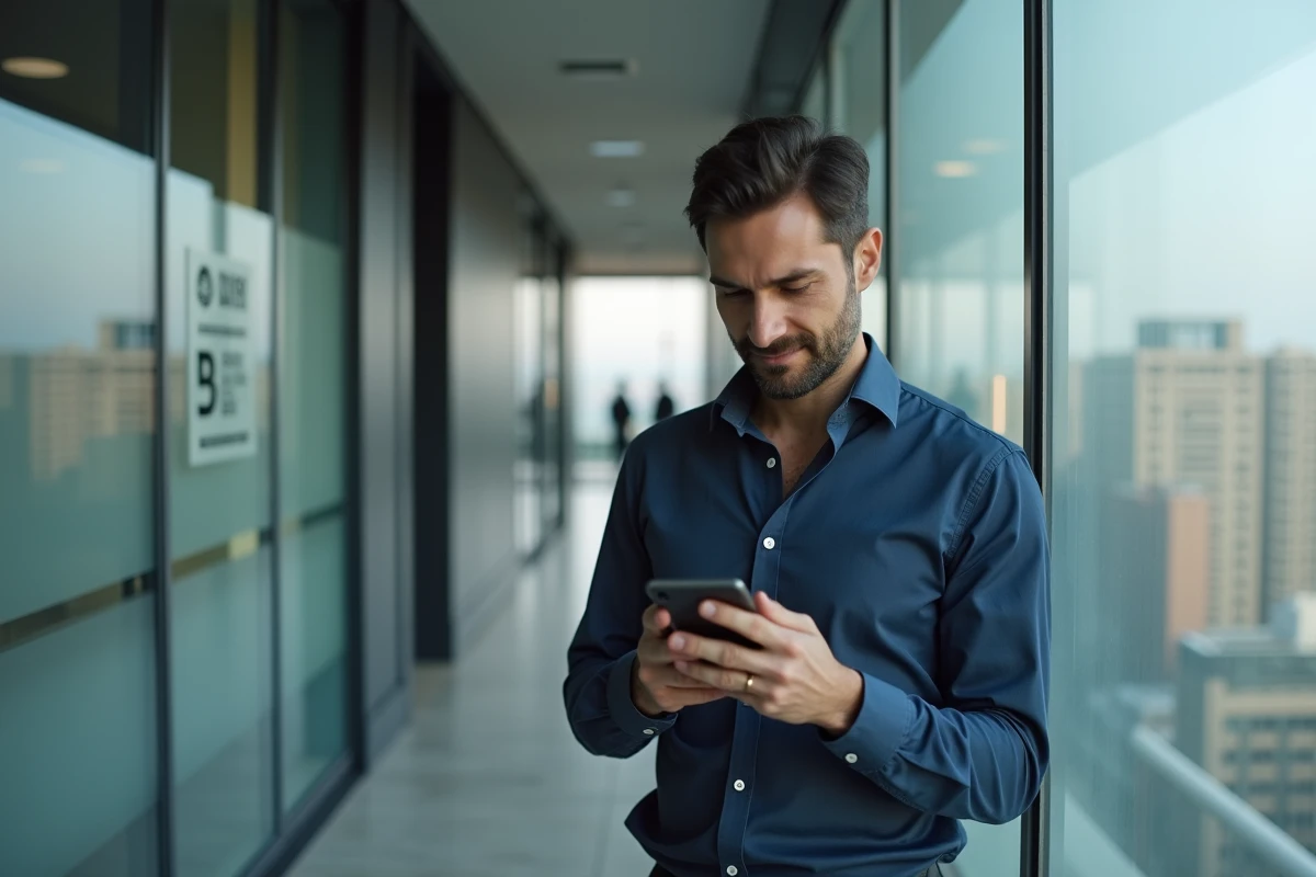 Salarié lisant une notification de politique de confidentialité sur son smartphone dans un couloir d'entreprise