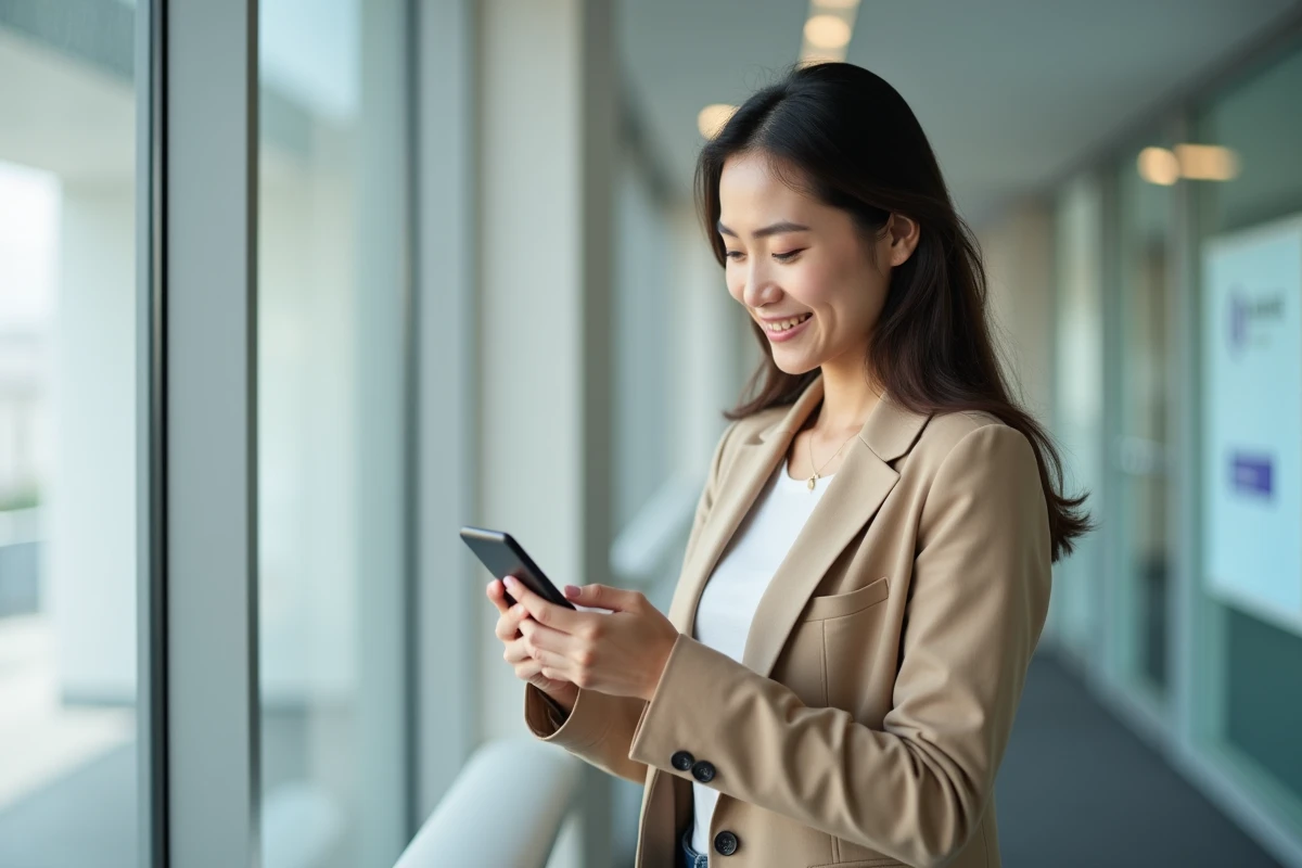 Jeune salariée consultant le portail Alis BNP Paribas sur smartphone dans un couloir de bureau moderne