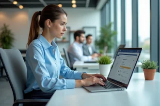 Salariée utilisant le portail RH Terrena terciel sur son ordinateur portable dans un bureau moderne