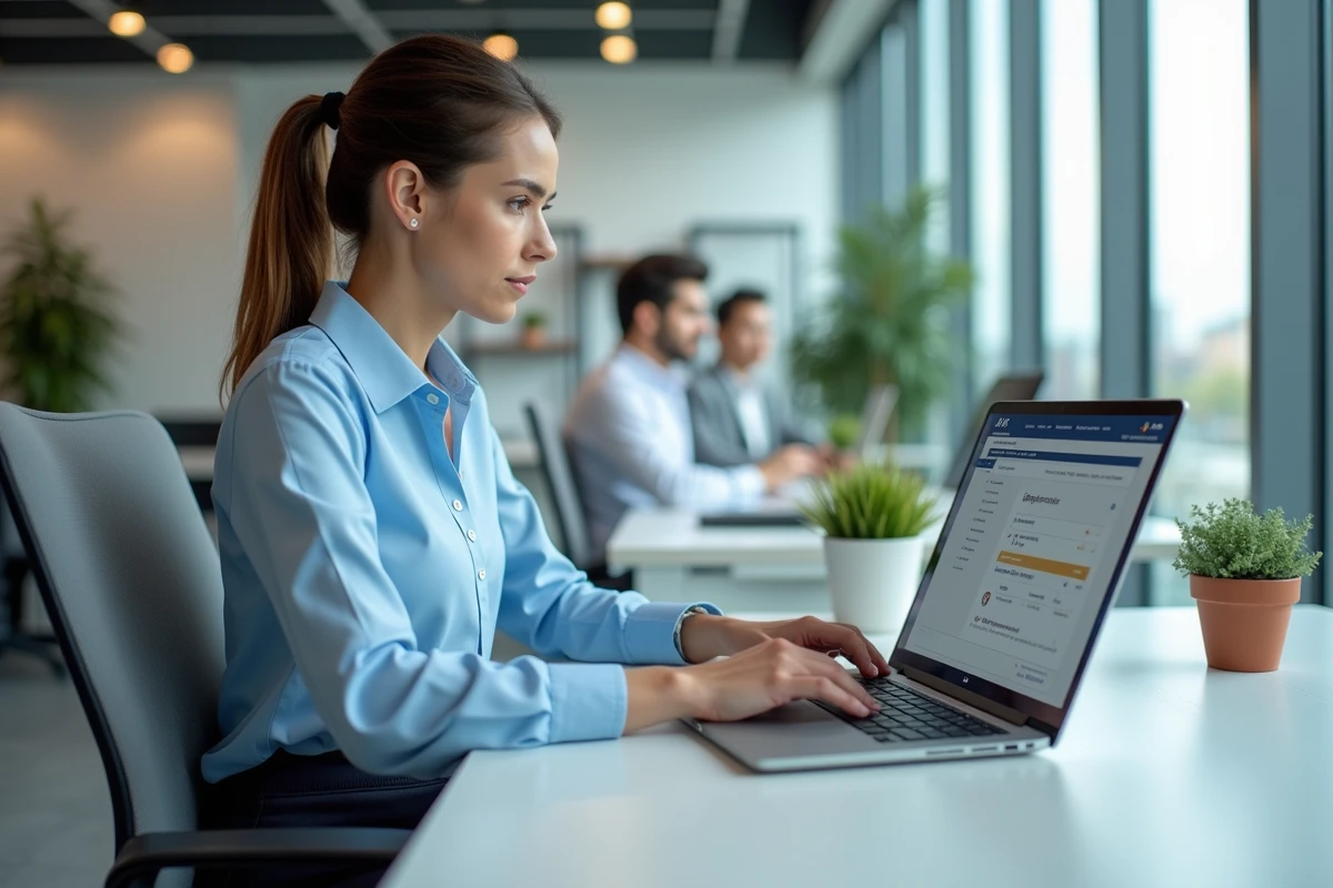 Salariée utilisant le portail RH Terrena terciel sur son ordinateur portable dans un bureau moderne
