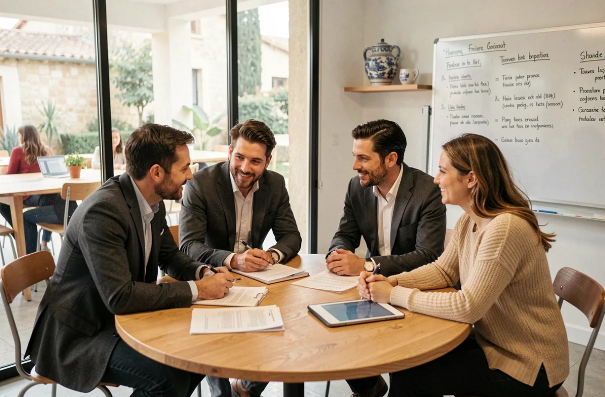 Salle de réunion vitrée dans un espace de coworking à Grasse avec professionnels en discussion