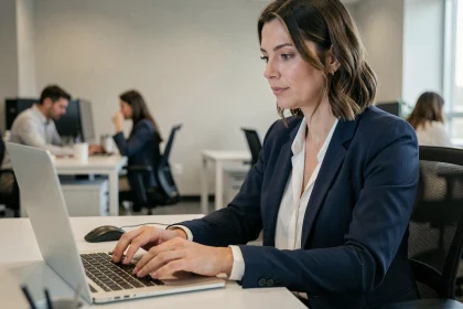 Professionnelle connectée à Urban Group RATP connexion depuis son bureau sécurisé