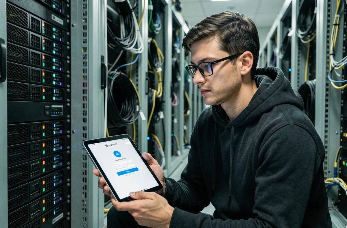 Professionnel IT vérifiant la sécurité de la connexion Urban Group RATP dans une salle serveurs