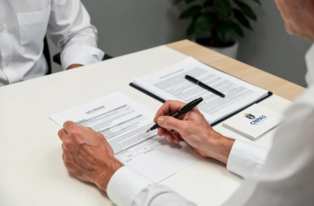 Gros plan sur les mains d'un agent signant un formulaire officiel lors d'une procédure de contrôle CNPAS