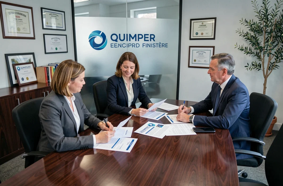Équipe de consultants SEO de Socogec Quimper en réunion autour d'une table de conférence avec des rapports d'audit numérique en Finistère