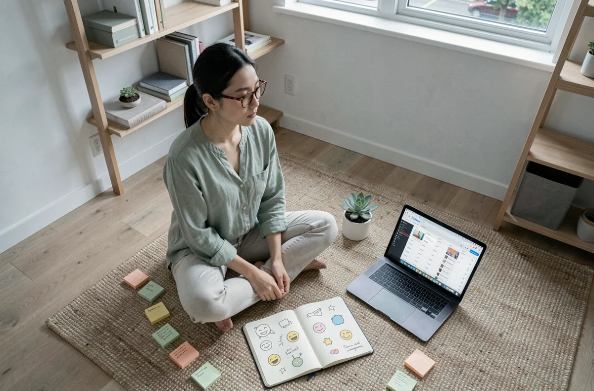Jeune femme créant une stratégie de contenu LinkedIn avec emojis dans un espace de travail minimaliste à domicile