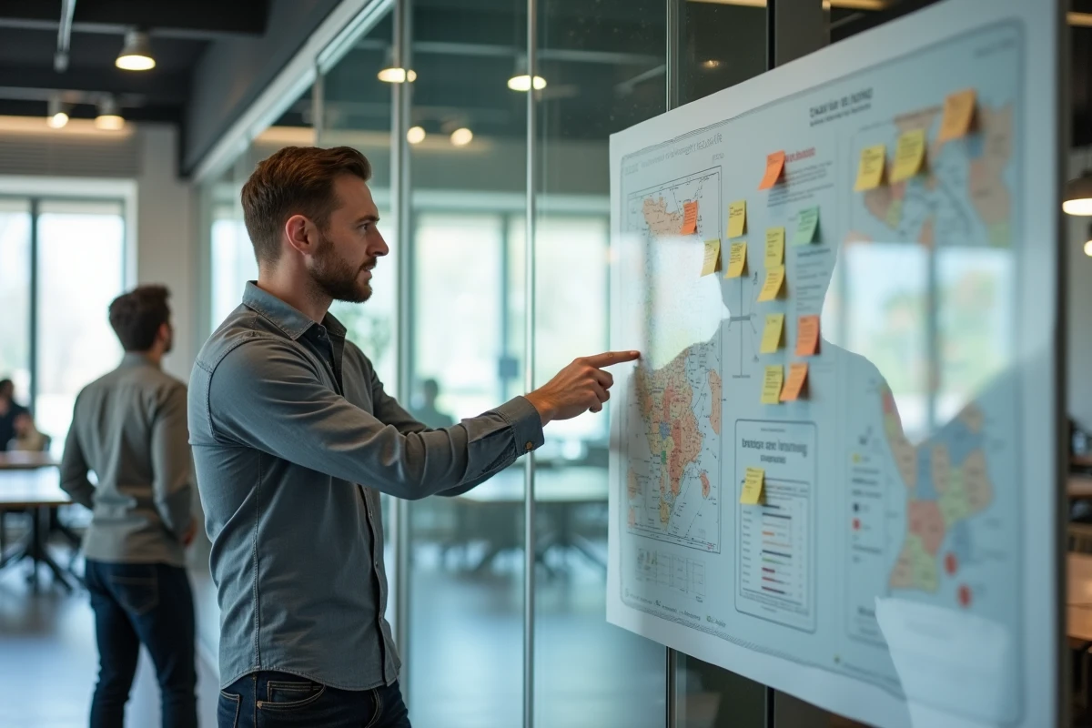 Entrepreneur présentant une stratégie d'implantation territoriale sur un tableau blanc dans un espace de coworking