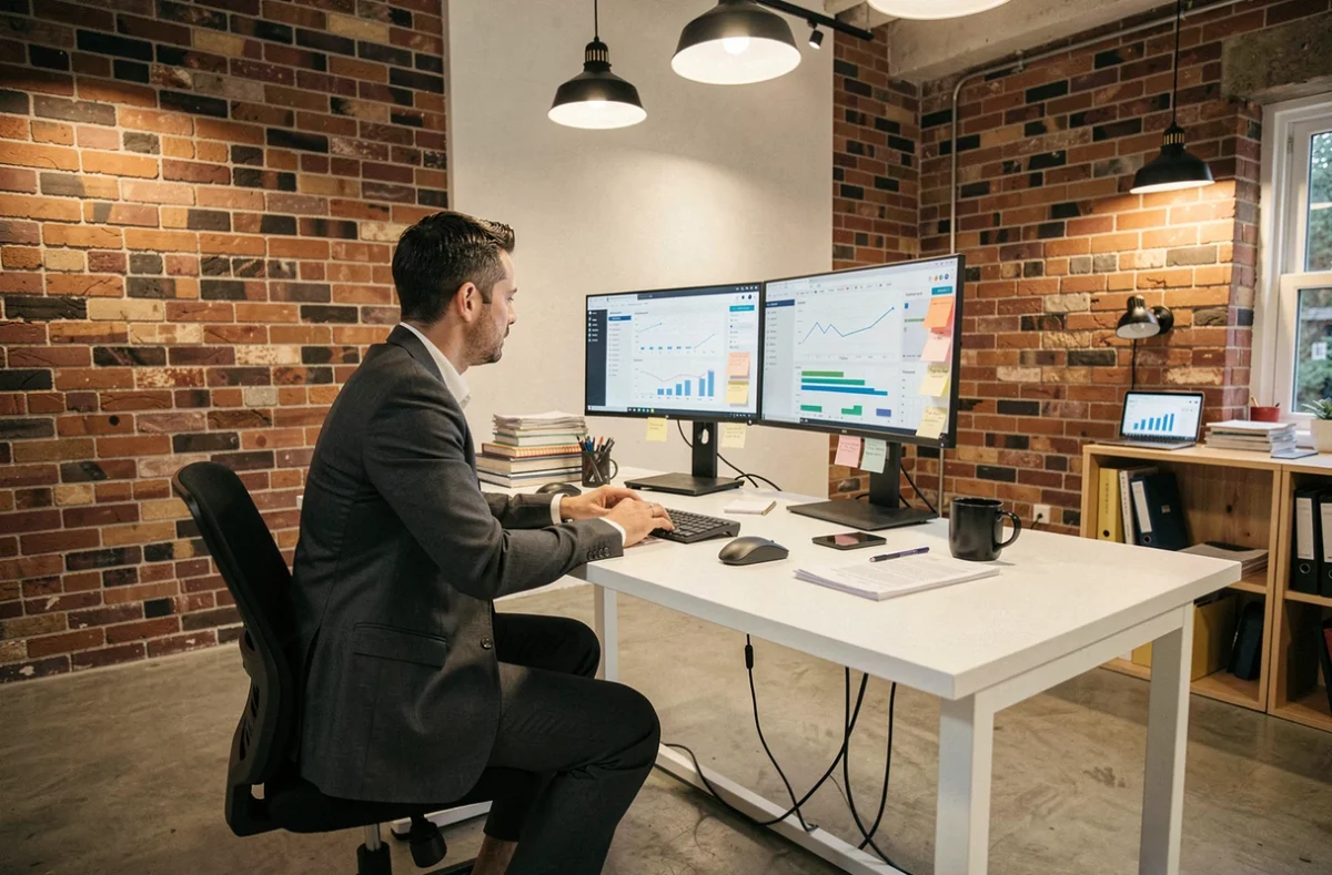 Professionnel de la tech assis à un bureau moderne dans un coworking, entouré d'écrans et d'outils numériques stratégiques