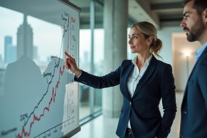 Directrice marketing présentant une stratégie de pricing power sur un tableau en verre dans un bureau moderne