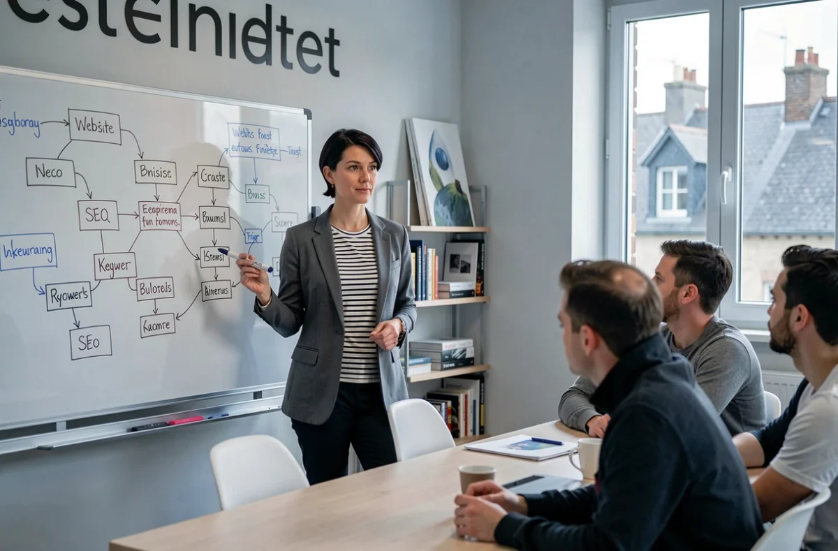 Consultante SEO du Studio En Tête présentant une stratégie de référencement sur tableau blanc dans un studio créatif à Brest
