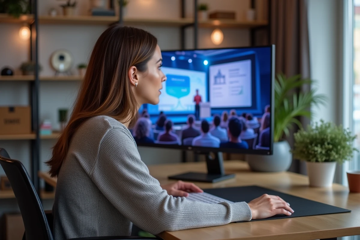 Femme suivant en direct un événement d'entreprise français depuis son bureau à domicile sur grand écran