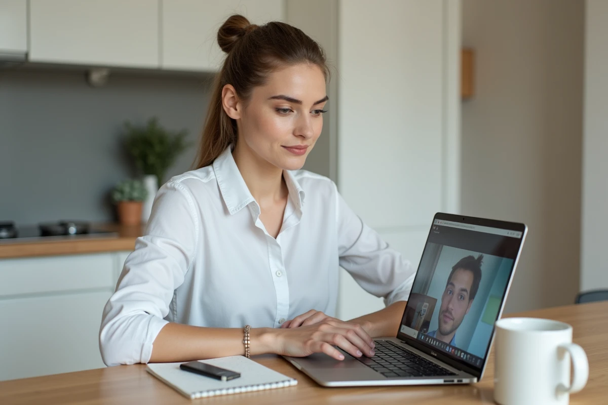 Jeune femme suivant un webinaire d'entreprise en ligne depuis sa cuisine avec un ordinateur portable