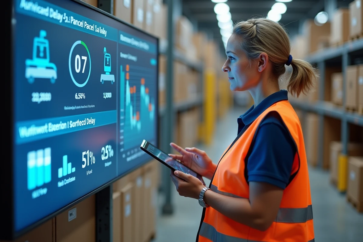 Superviseure logistique consultant les données de délais de tri sur écran dans le hub Mondial Relay de Harnes