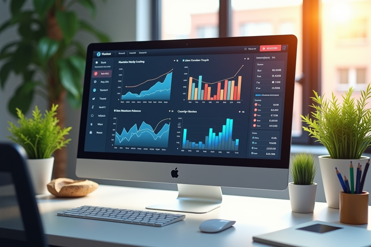 Ecran dordinateur avec tableau de bord KPI lumineux et organisation