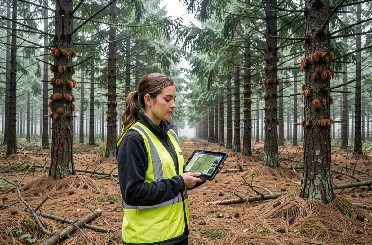 Technicienne sylvicole analysant des données forestières sur tablette dans une forêt de sapins touchée par les scolytes
