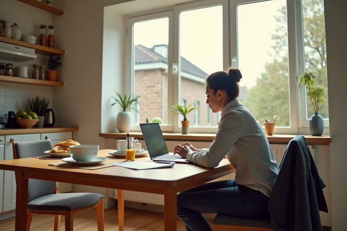 Personne travaillant sur un ordinateur portable a la cuisine