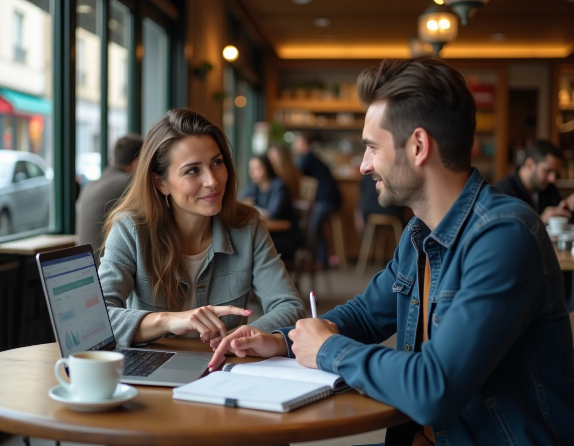 Deux personnes découvrant les bases de la data performance ensemble dans un café parisien avec un ordinateur portable