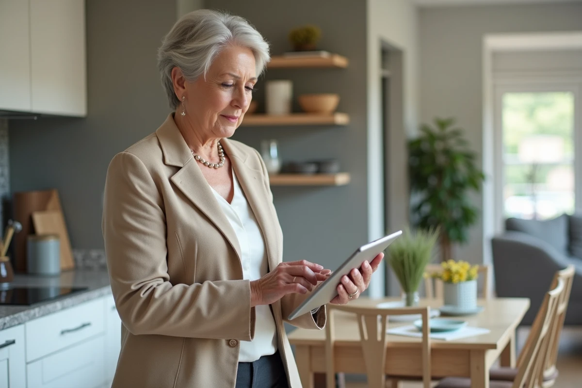 Femme senior utilisant une tablette pour accéder à son compte Urssaf en ligne en tant que particulier employeur