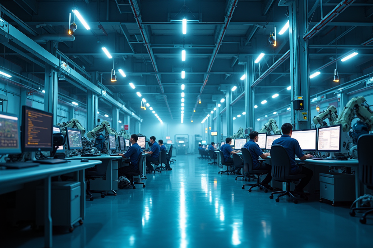 Usine moderne avec robots automatises et interfaces digitales