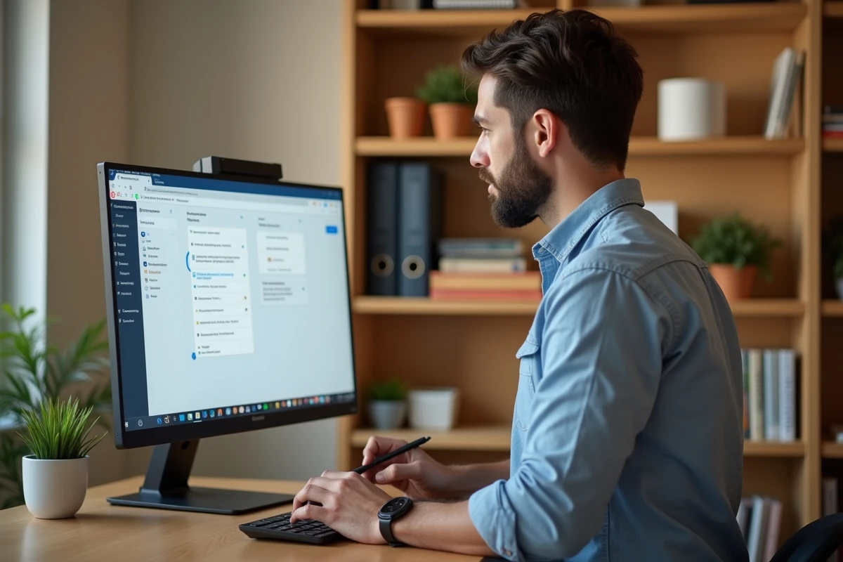 Utilisateur consultant un extranet GTM depuis son bureau à domicile sur ordinateur portable