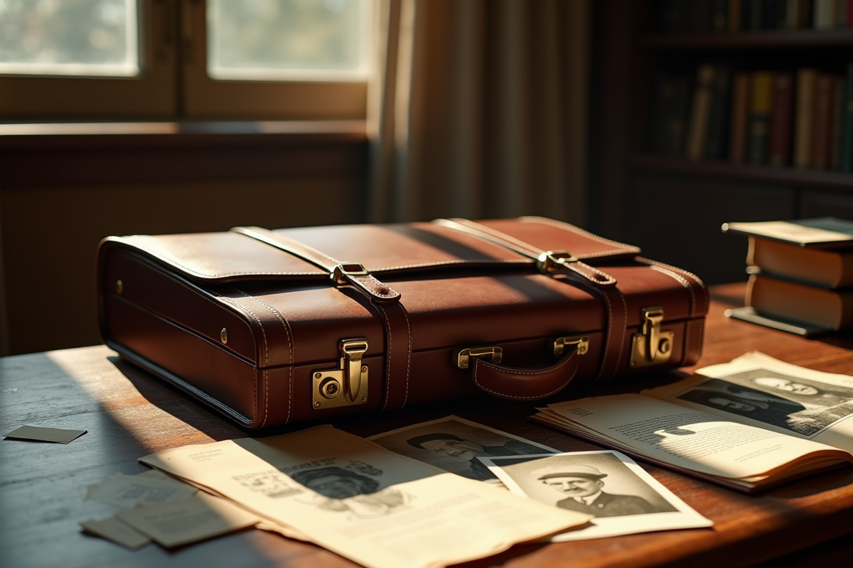 Valise en cuir ancien sur un bureau avec documents secrets