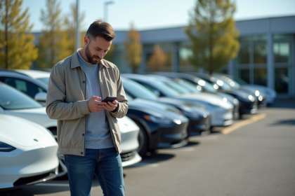 Homme regardant des voitures &eacute;lectriques en concession