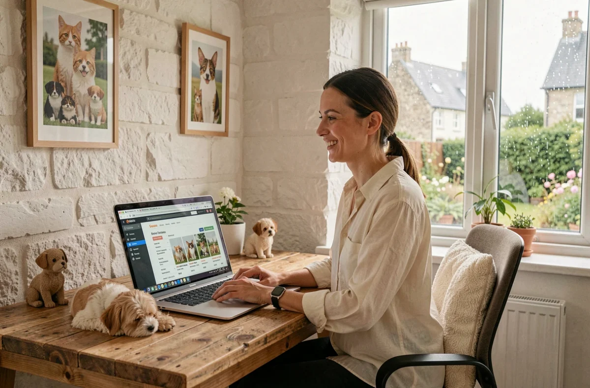 Consultante SEO de Woofrance travaillant sur le référencement d'un site e-commerce pour animaux depuis son bureau en Bretagne, Finistère